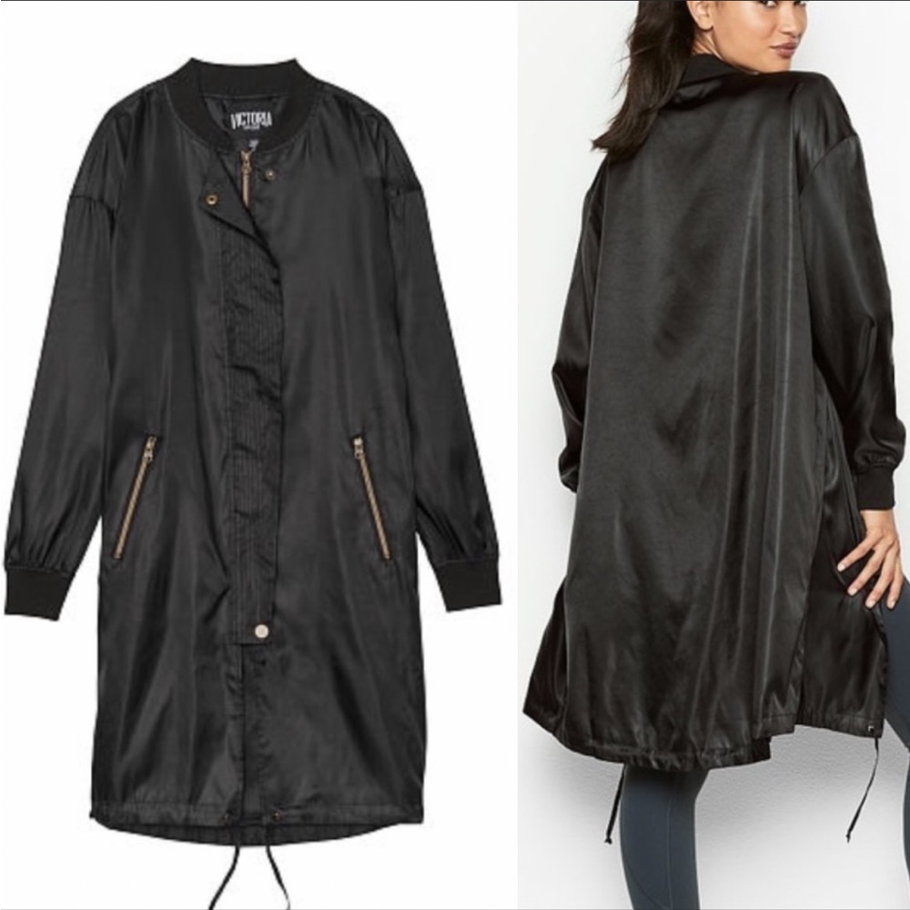 Victoria’s Secret Sport black satin long knee length zip front jacket size small